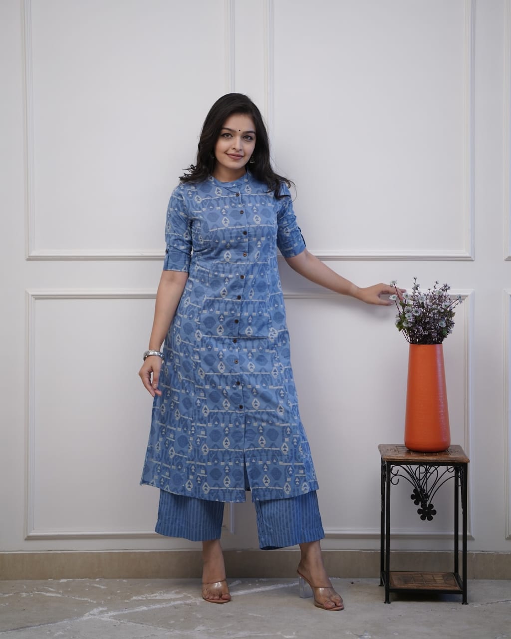 Blue Printed cotton Kurta Set