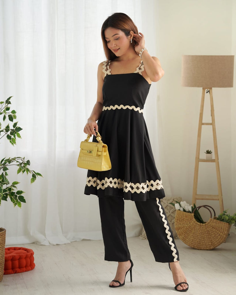 Women's Black Co-Ord Set with Contrast Scallop Detailing