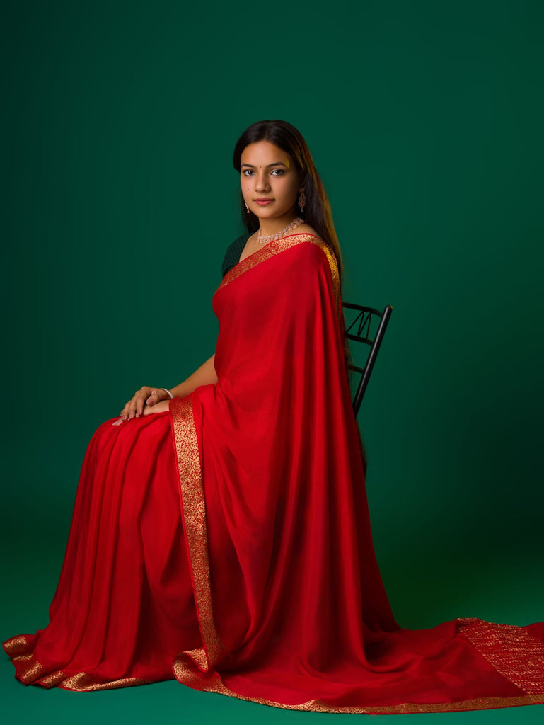 Women's Ojariya Chinon Zari border Pallu saree MAHA