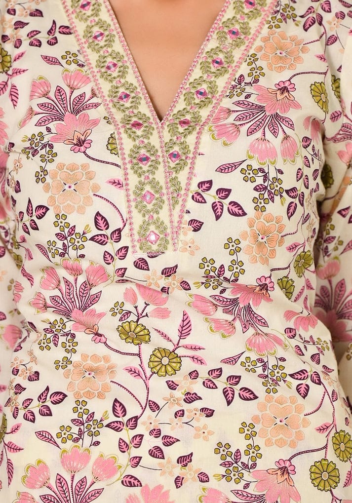 Floral Printed Cotton Salwar Suit with Dupatta - Cream and Pink