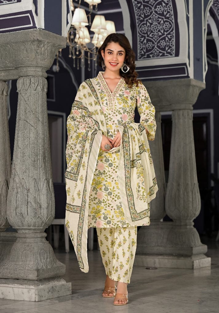 Floral Printed Cotton Salwar Suit with Dupatta - Cream and Green