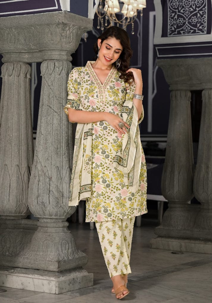 Floral Printed Cotton Salwar Suit with Dupatta - Cream and Green