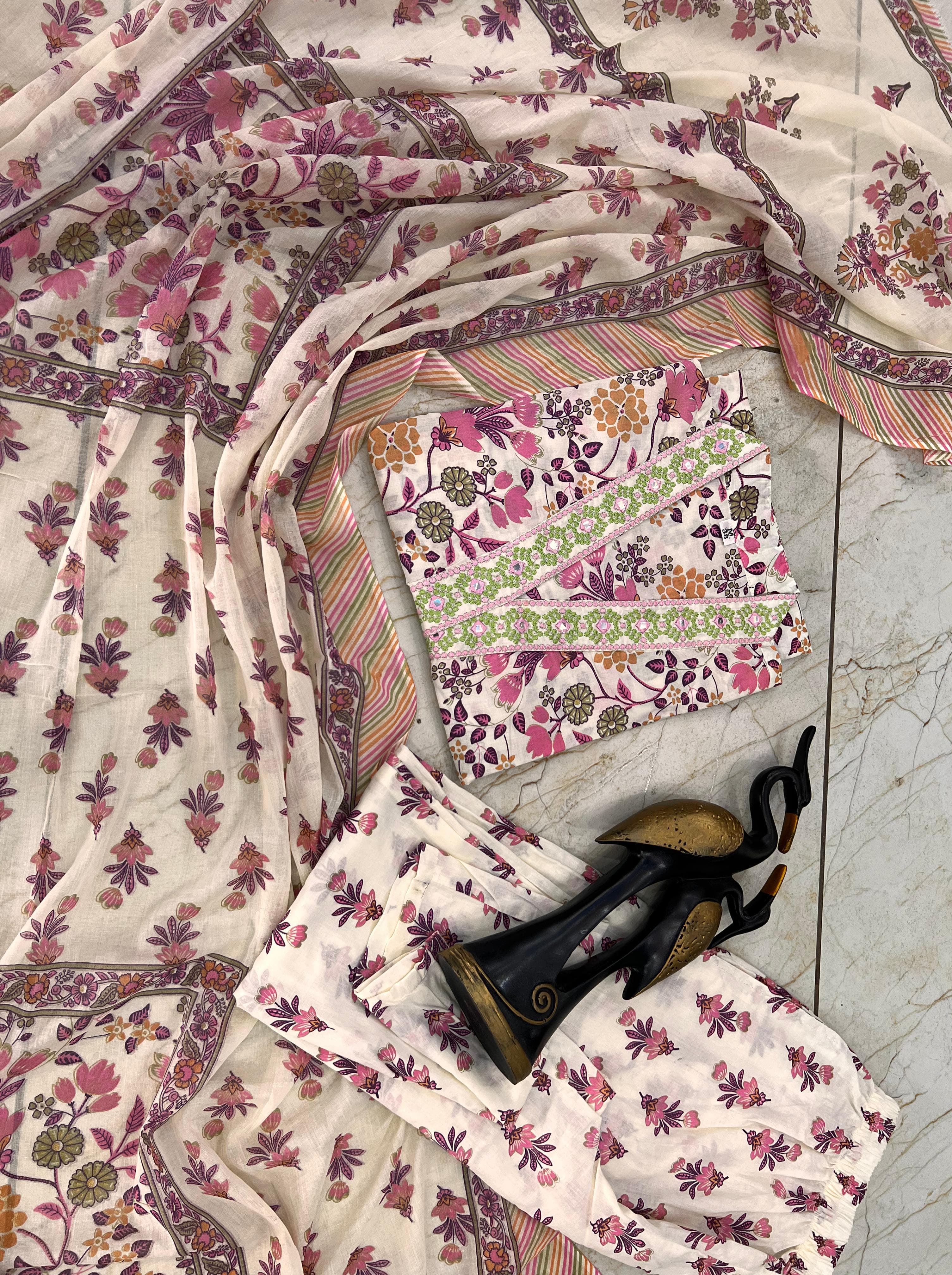 Floral Printed Cotton Salwar Suit with Dupatta - Cream and Pink