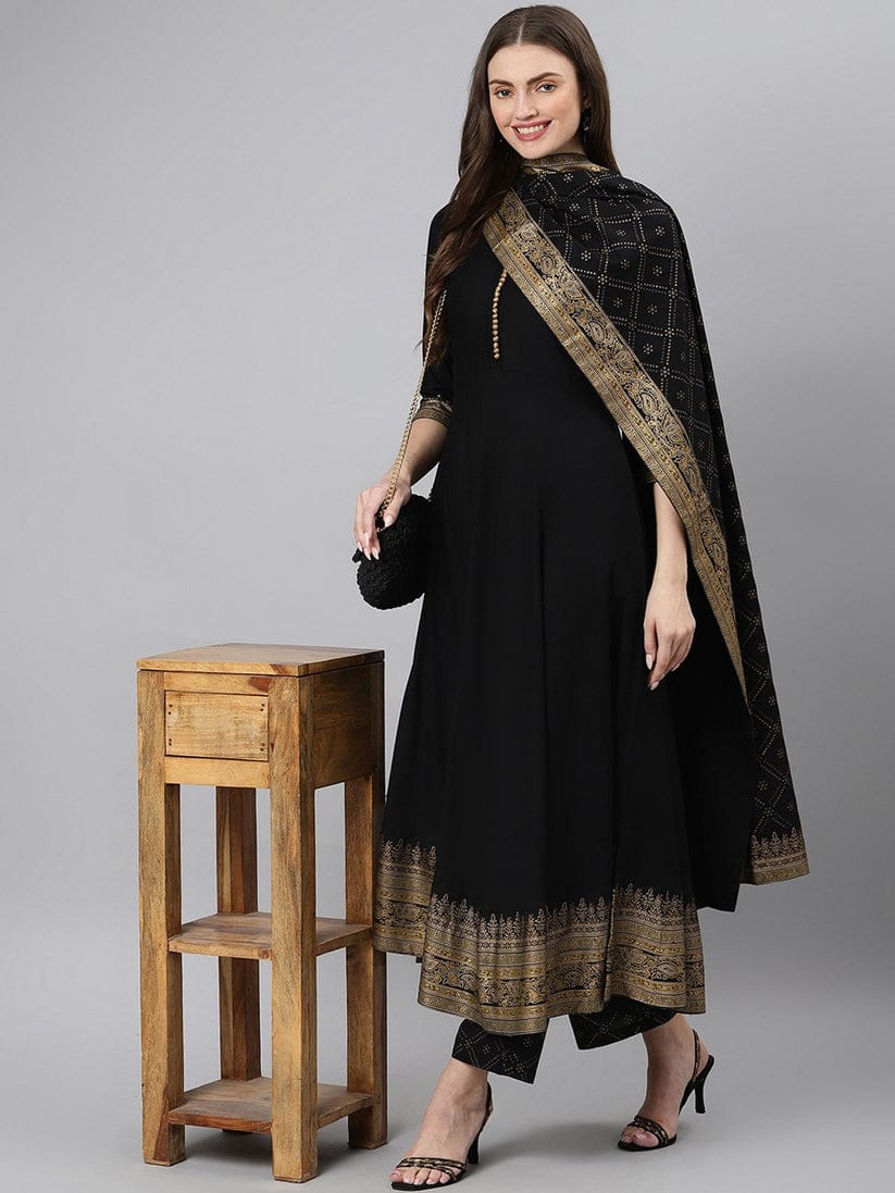 Black Anarkali Suit Set with Gold Detailing and Dupatta