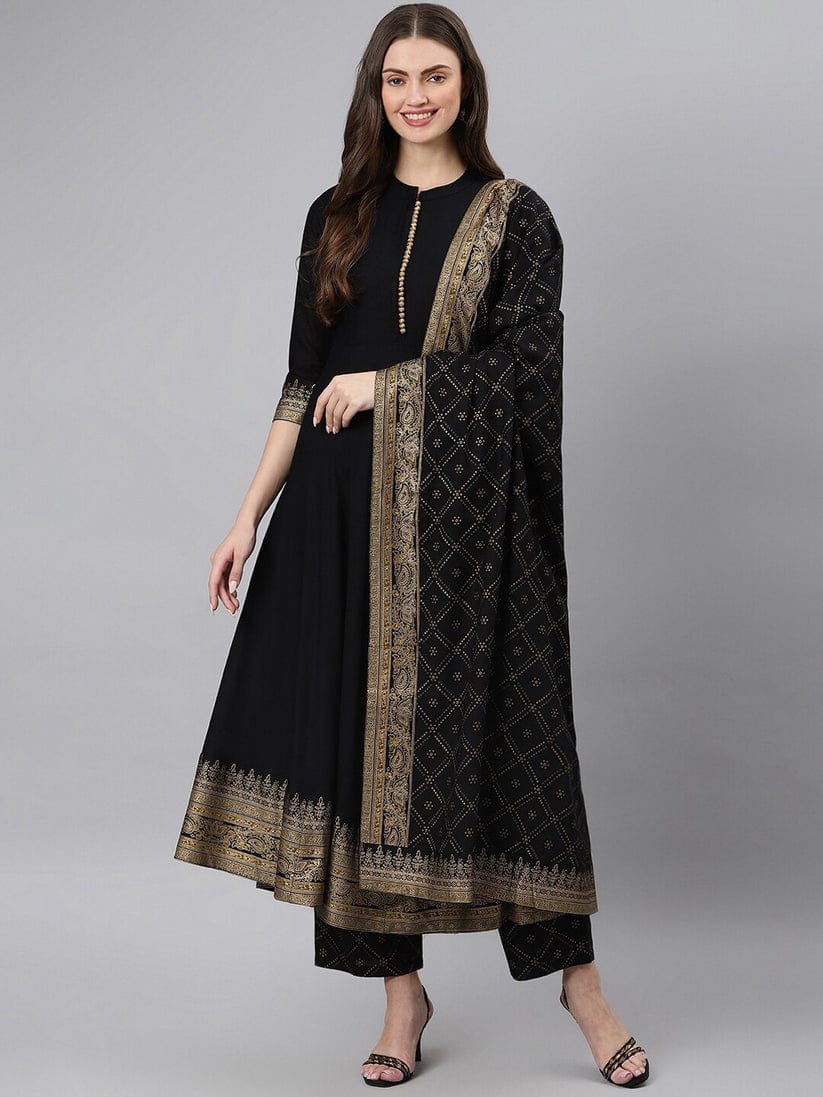 Black Anarkali Suit Set with Gold Detailing and Dupatta