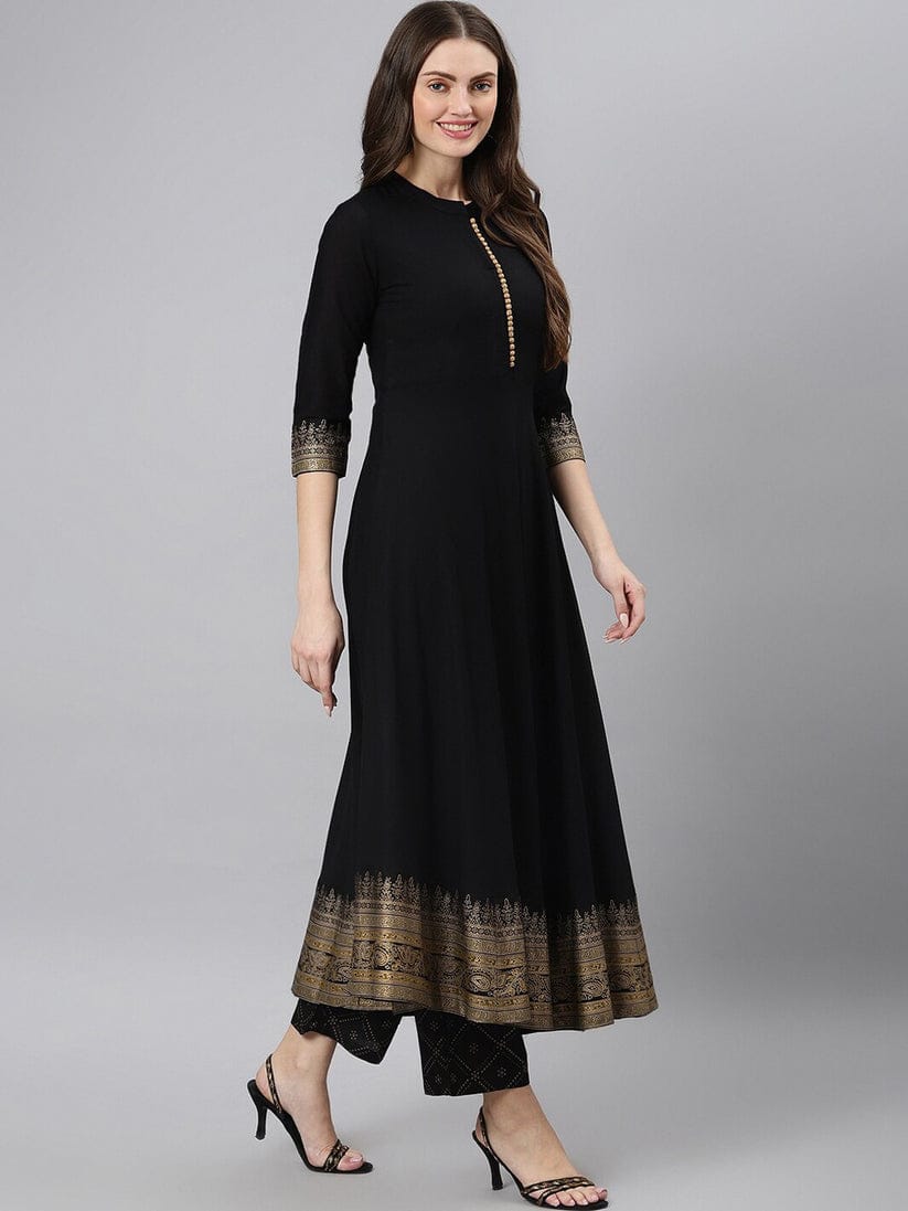 Black Anarkali Suit Set with Gold Detailing and Dupatta