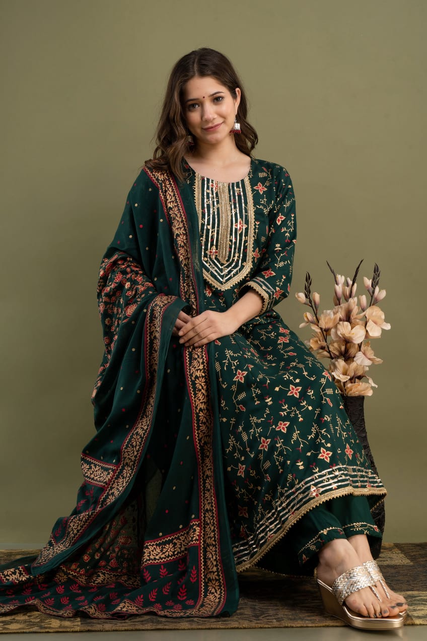 Green Floral Embroidered Anarkali Suit Set with Golden Detailing