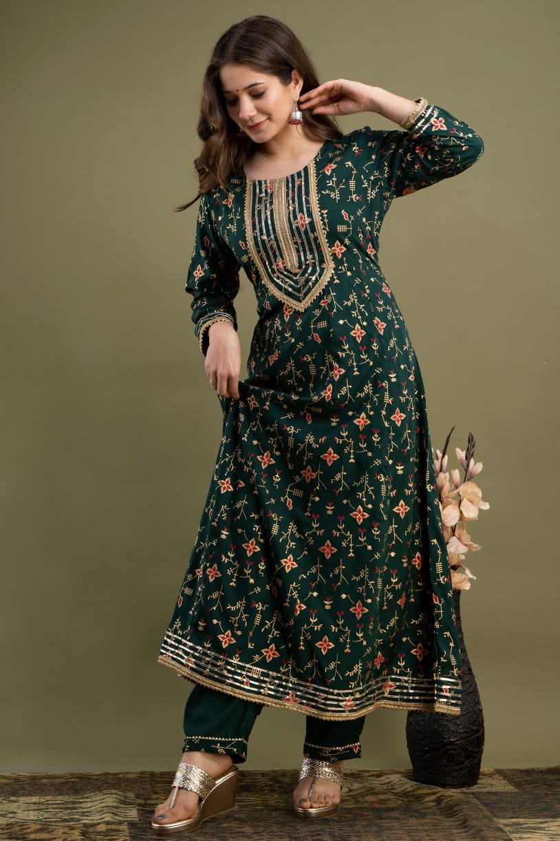 Green Floral Embroidered Anarkali Suit Set with Golden Detailing