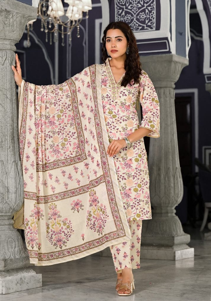 Floral Printed Cotton Salwar Suit with Dupatta - Cream and Pink