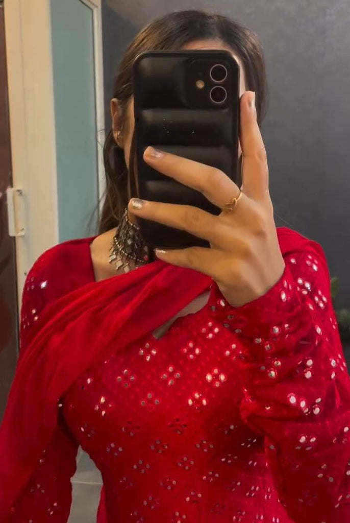 Women's Elegant Red Mirror-Work Kurta Set with Dupatta