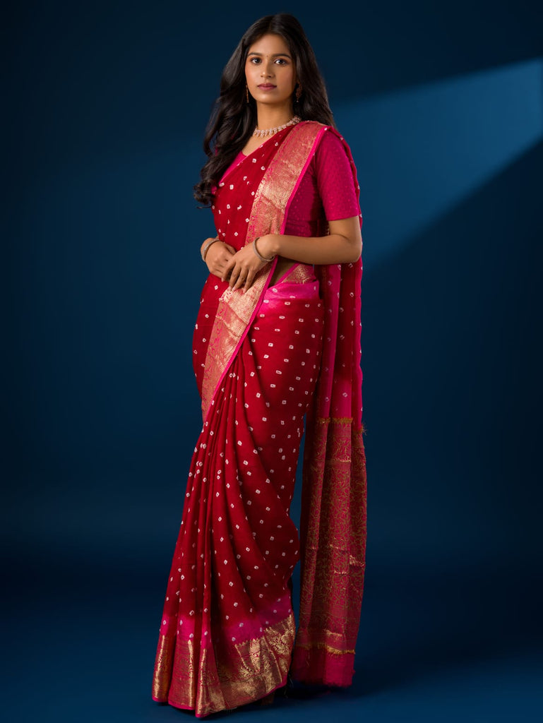 Women's Viscos Silk Bandhani Saree With Zari Border sam Mehroon Rani
