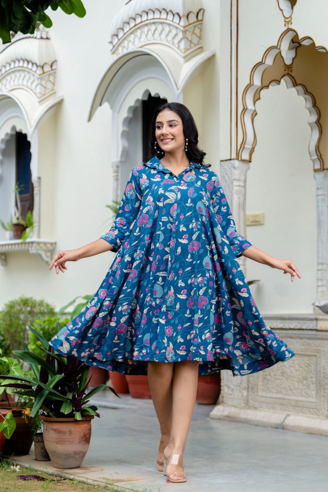 Blue Floral Printed Midi Dress