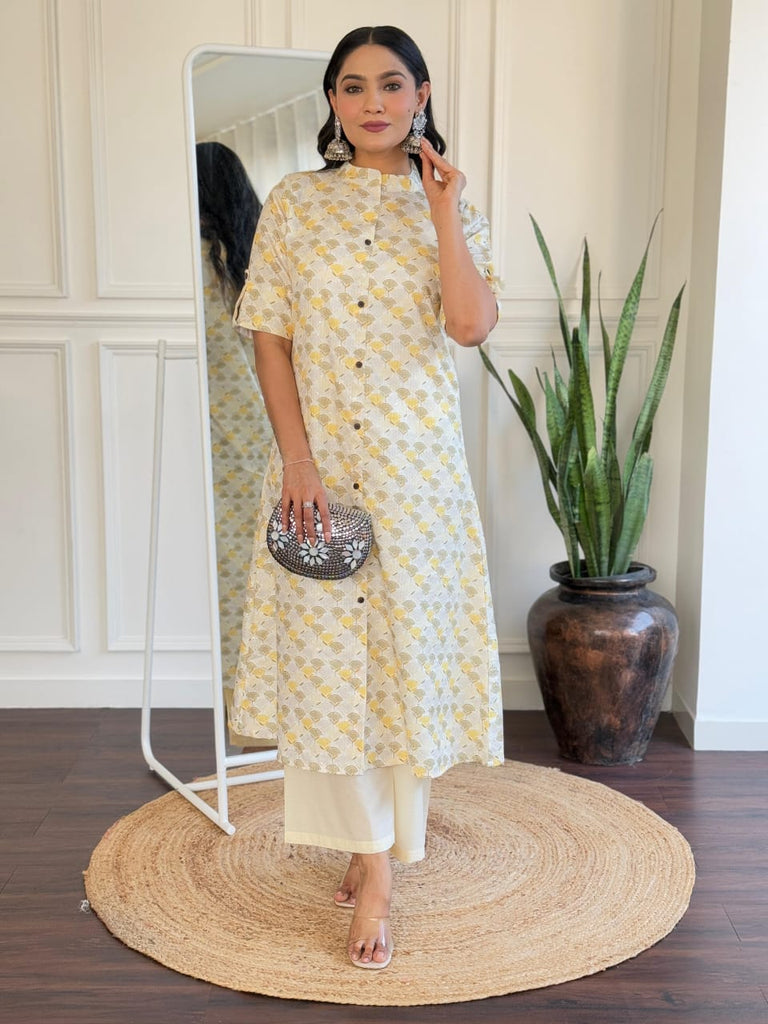Women's Cotton Digital Printed Button-Down Kurta With Creamy Beige Pants