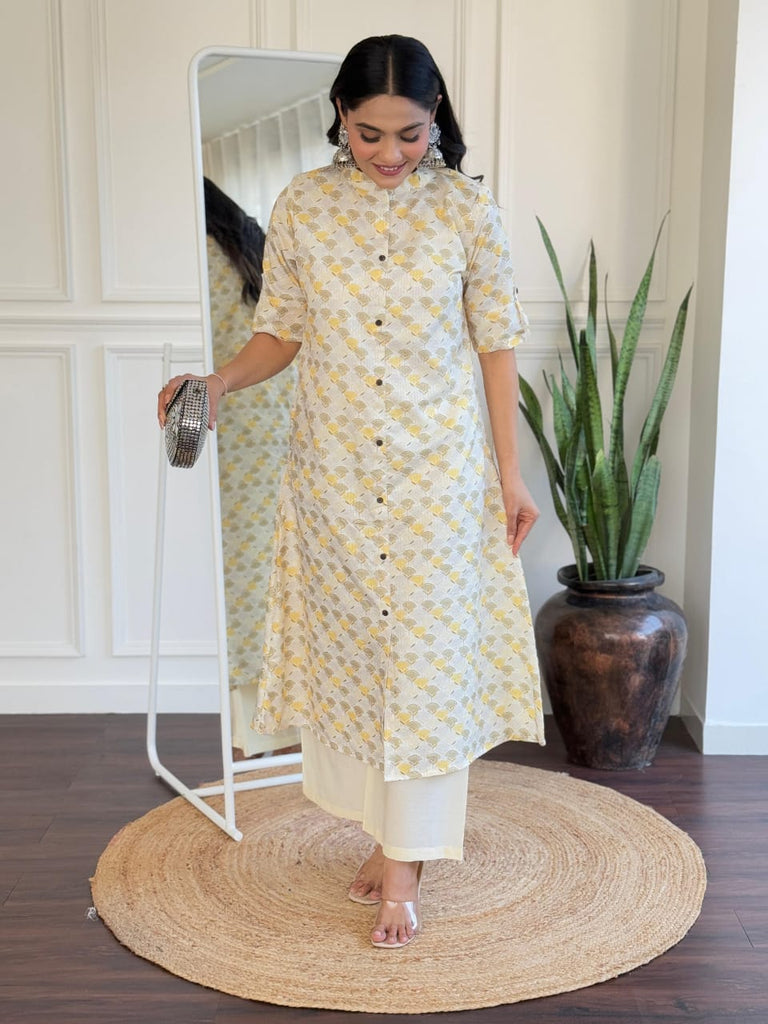 Women's Cotton Digital Printed Button-Down Kurta With Creamy Beige Pants