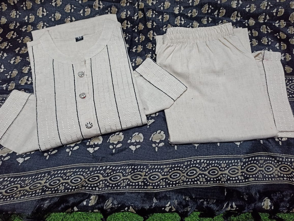 Women's Off-White Cotton Kurta Set with Printed Dupatta