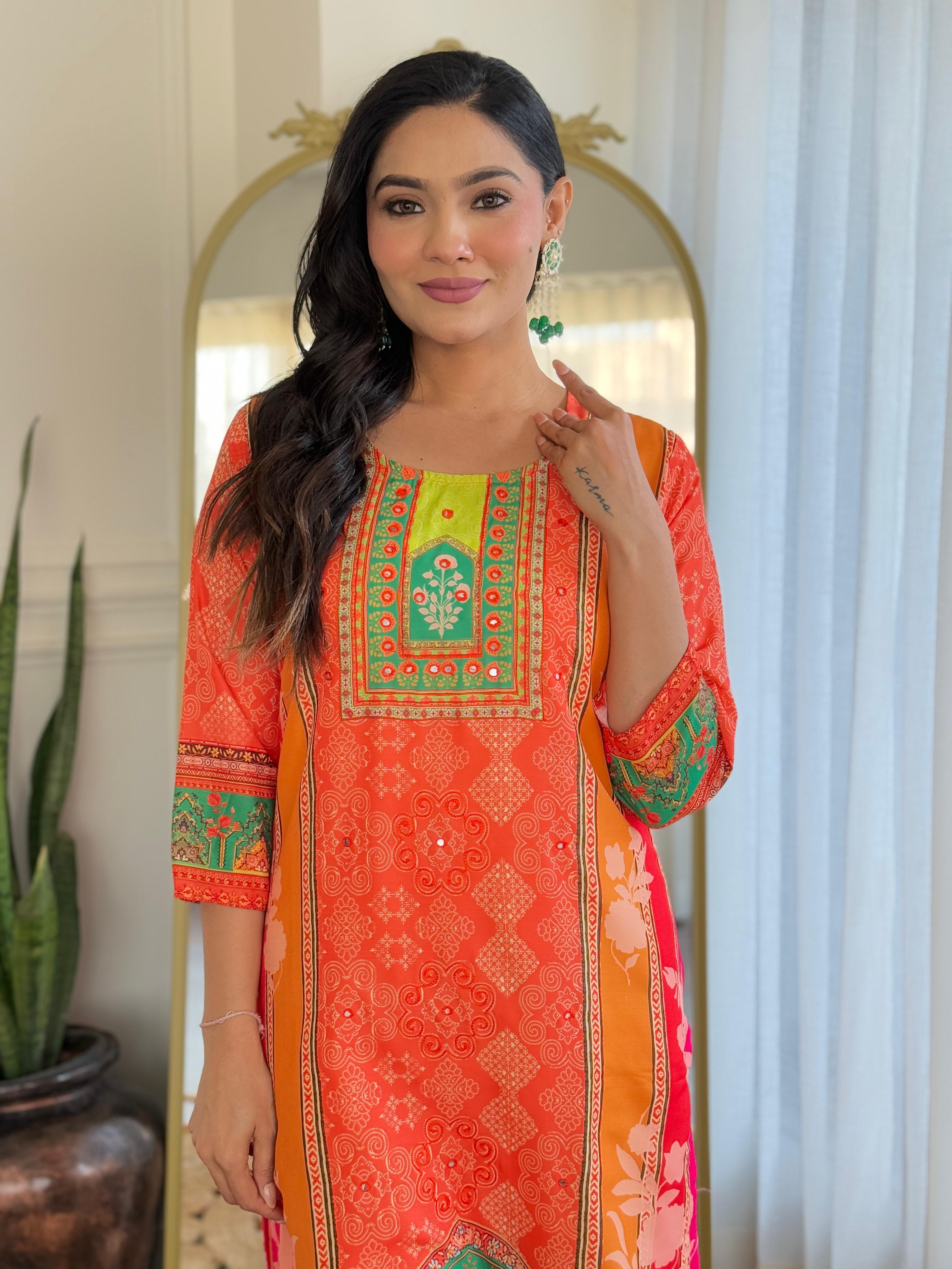 Women's Orange & Green Digital Printed Muslin Suit Set With Embroidered Neckline - Wear&Style