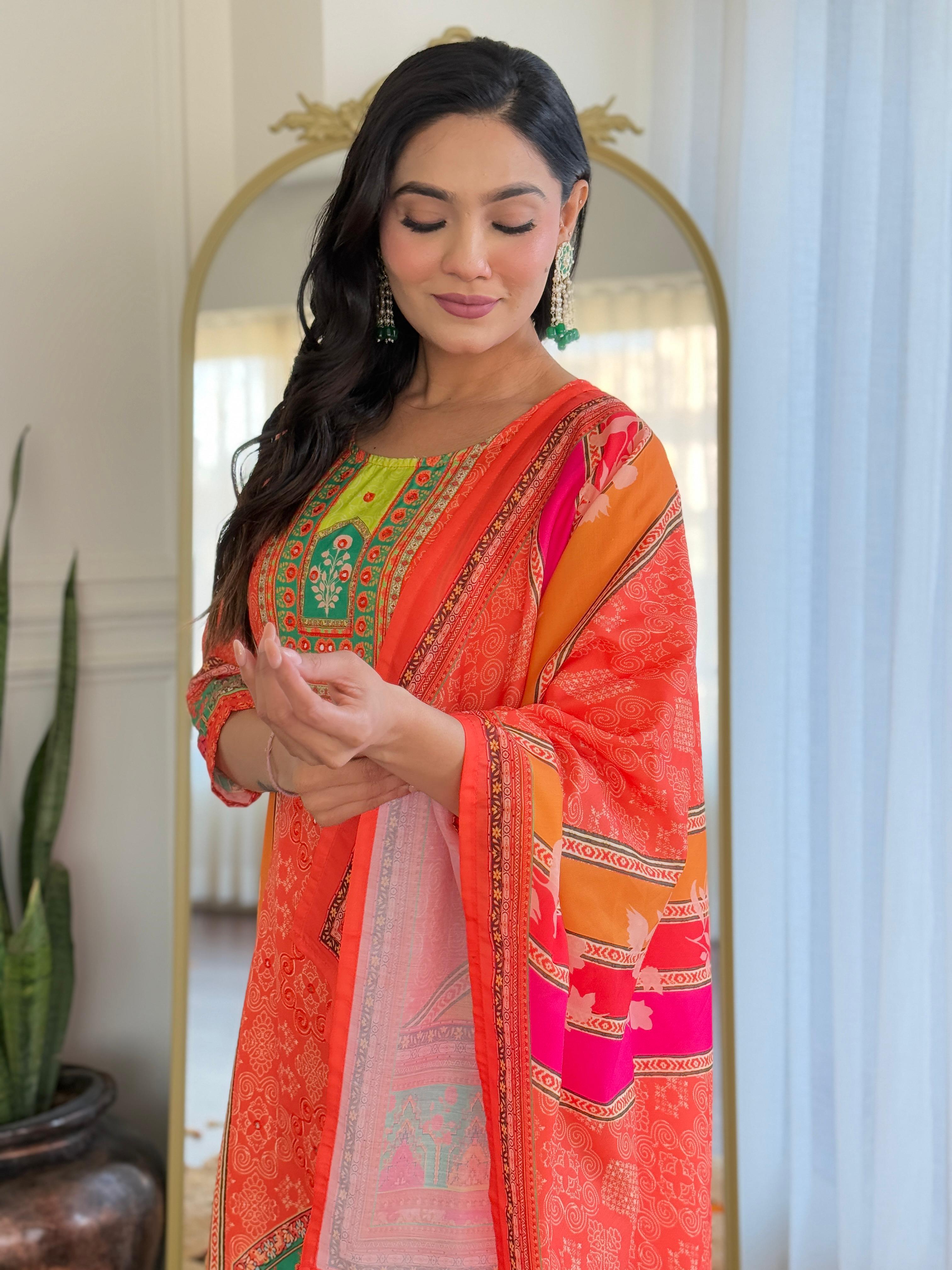 Women's Orange & Green Digital Printed Muslin Suit Set With Embroidered Neckline - Wear&Style