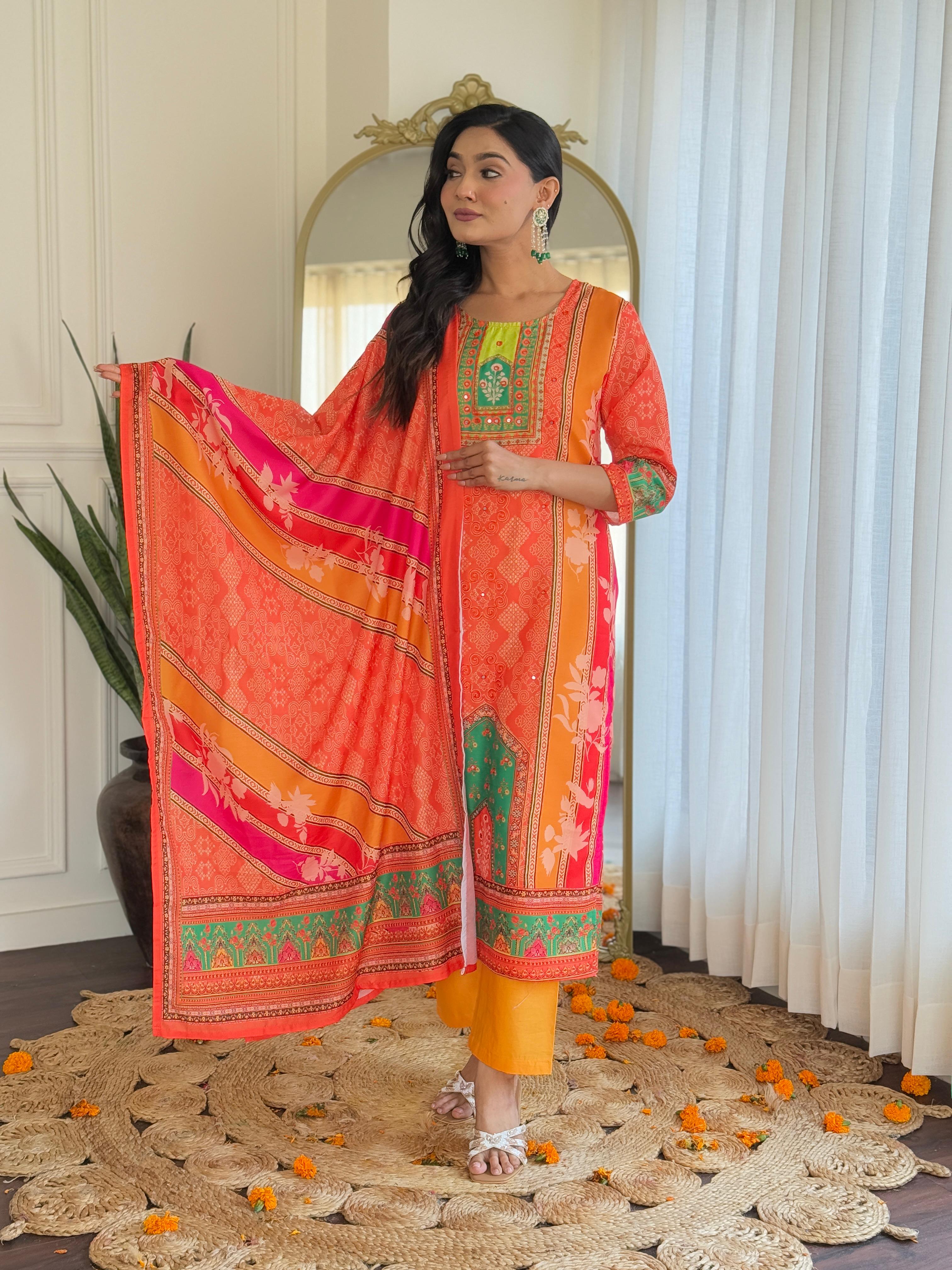 Women's Orange & Green Digital Printed Muslin Suit Set With Embroidered Neckline - Wear&Style