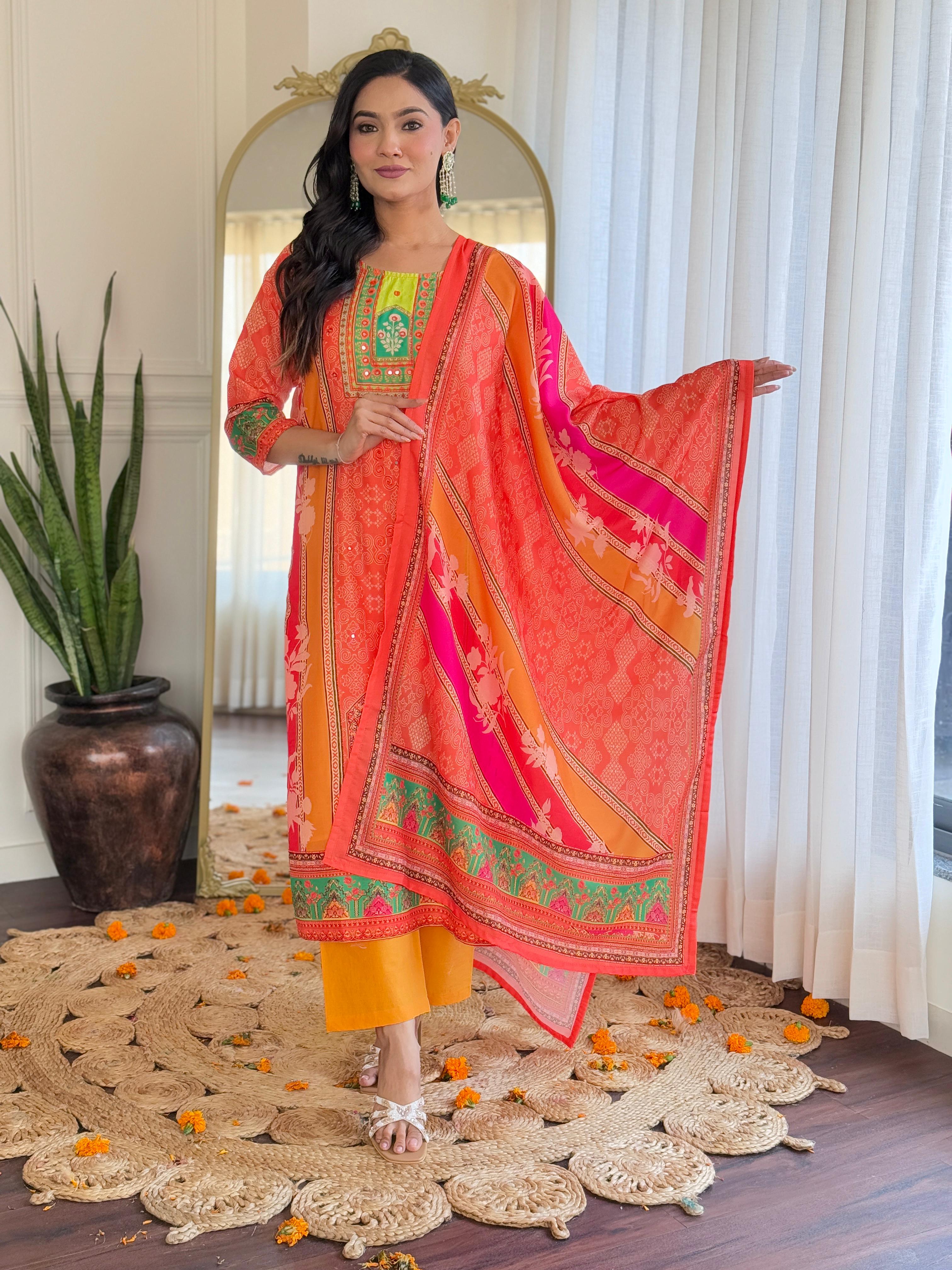 Women's Orange & Green Digital Printed Muslin Suit Set With Embroidered Neckline - Wear&Style