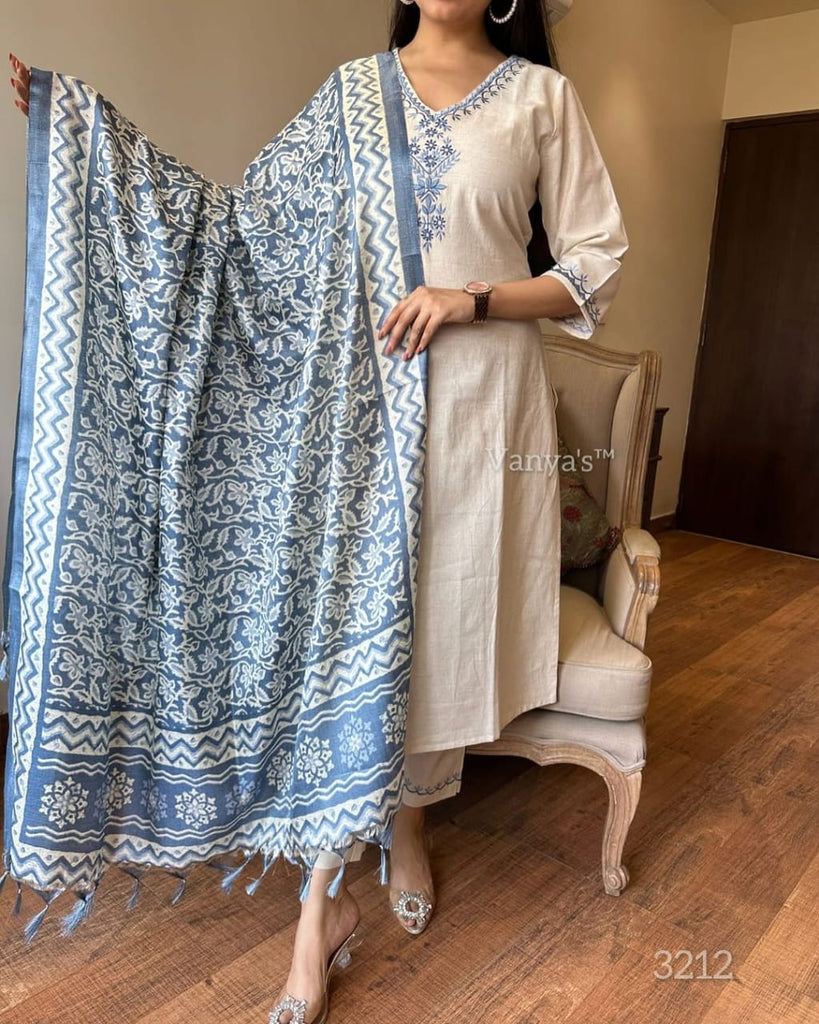 Women's Off White and Blue Embroidered Cotton Kurta Pant Set with Khadi Silk Dupatta