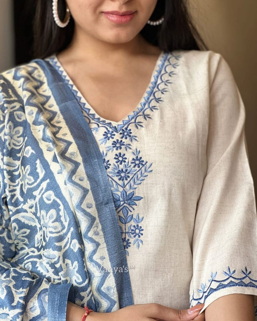 Women's Off White and Blue Embroidered Cotton Kurta Pant Set with Khadi Silk Dupatta