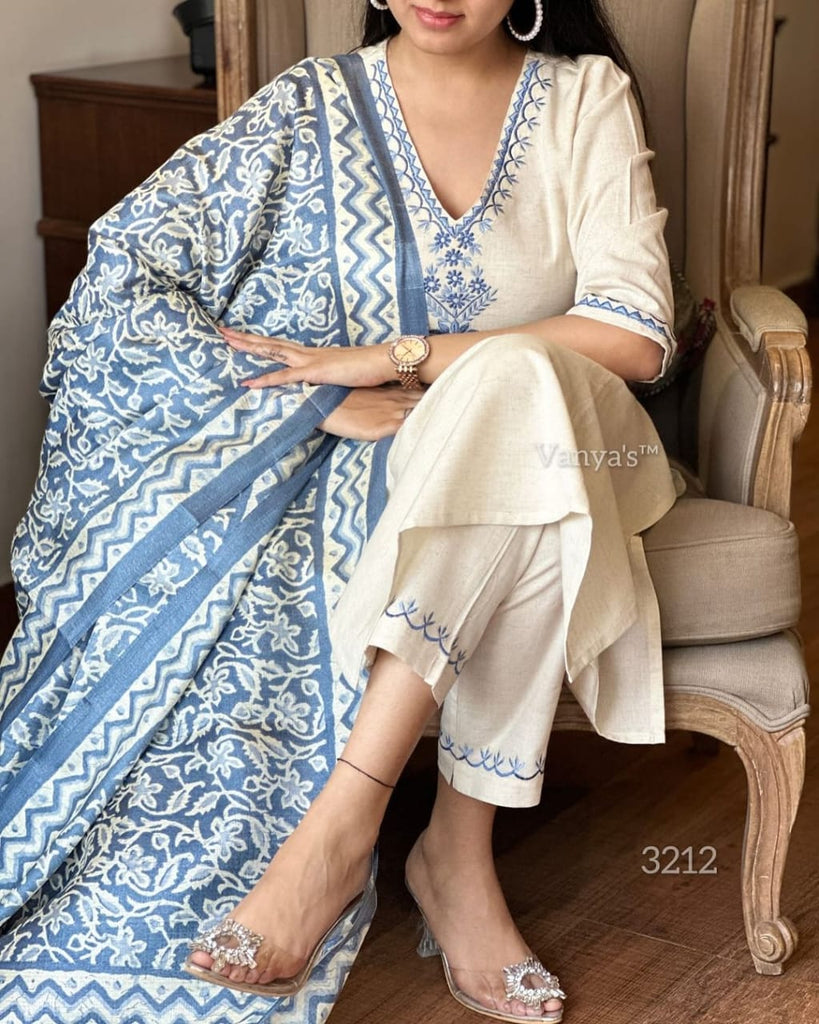 Women's Off White and Blue Embroidered Cotton Kurta Pant Set with Khadi Silk Dupatta