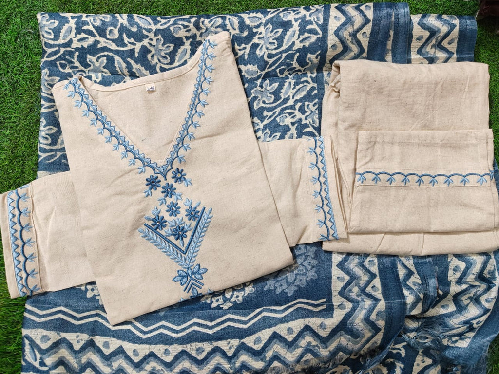 Women's Off White and Blue Embroidered Cotton Kurta Pant Set with Khadi Silk Dupatta