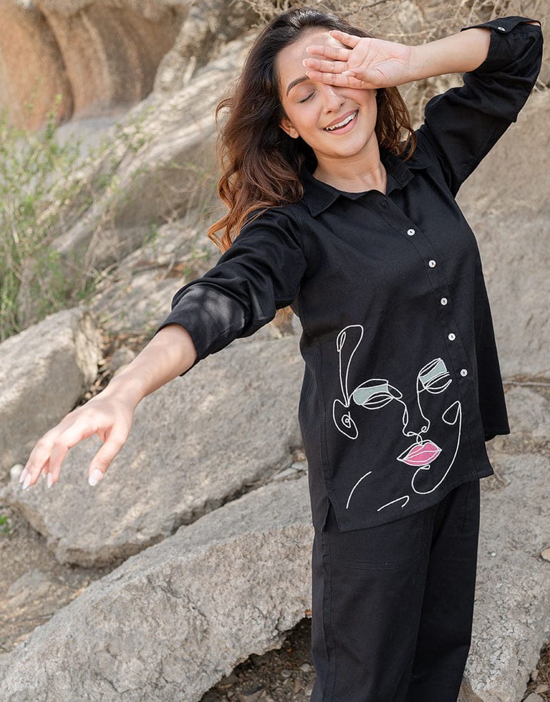 Women's Black Embroidered Cotton Flex Co-Ord Set