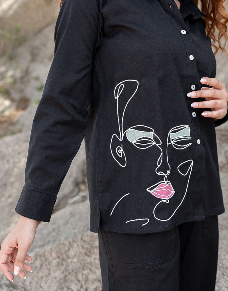 Women's Black Embroidered Cotton Flex Co-Ord Set
