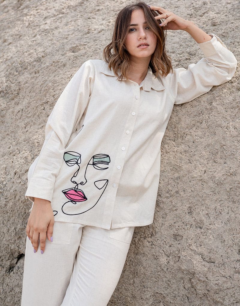 Women's Off White Embroidered Cotton Flex Co-Ord Set