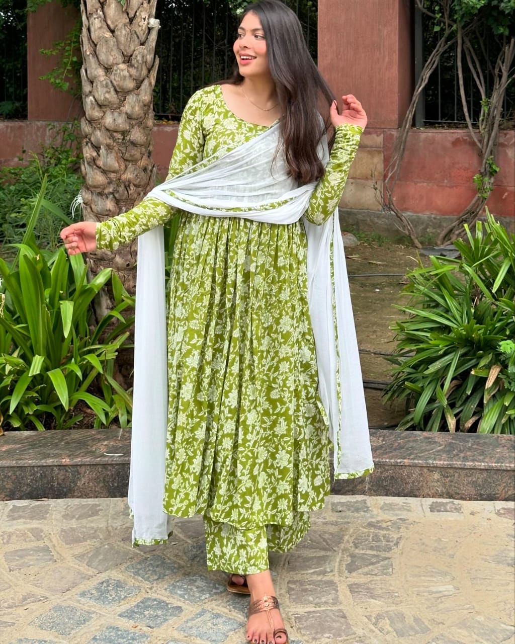 Women's Elegant Green Floral Anarkali Suit With Dupatta - Wear&Style