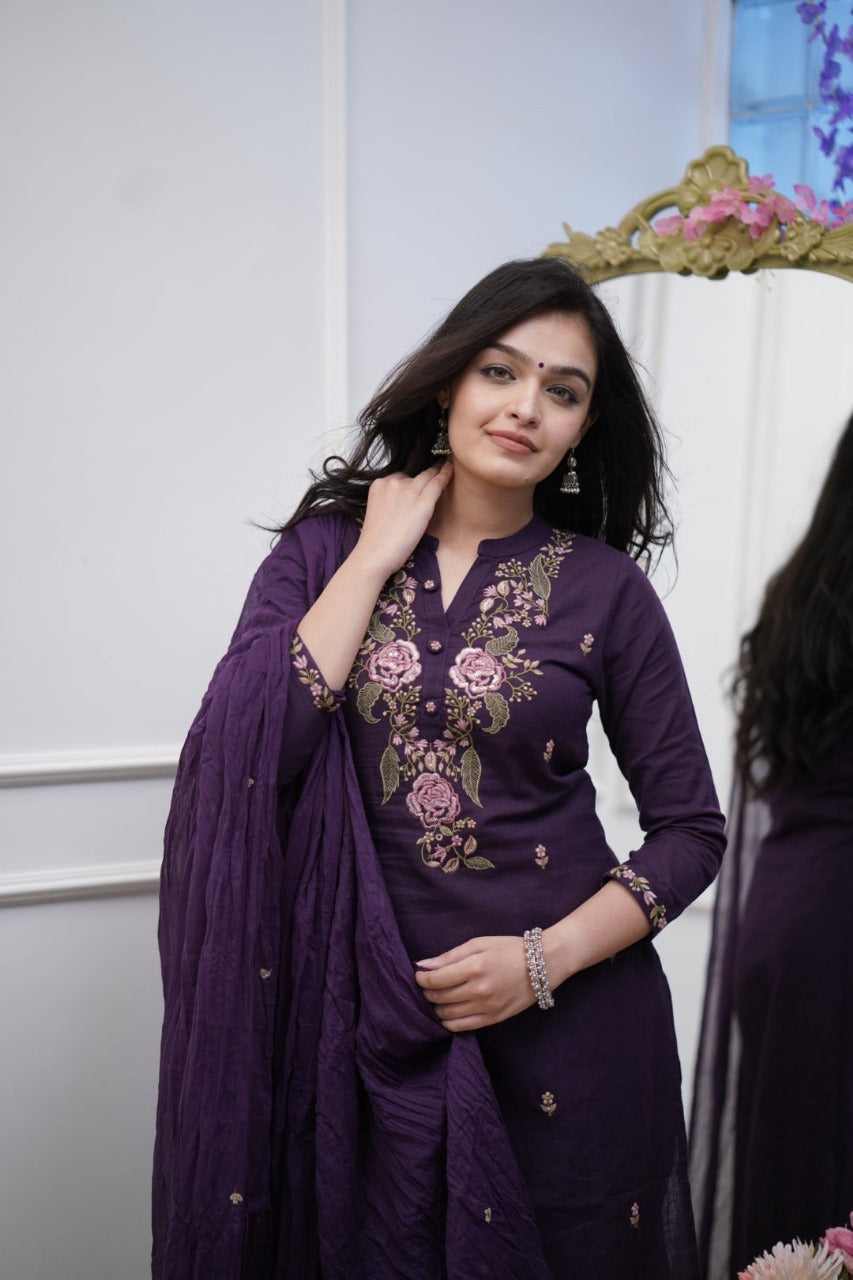 Women's Royal Purple Cotton Kurta Set With Floral Embroidery