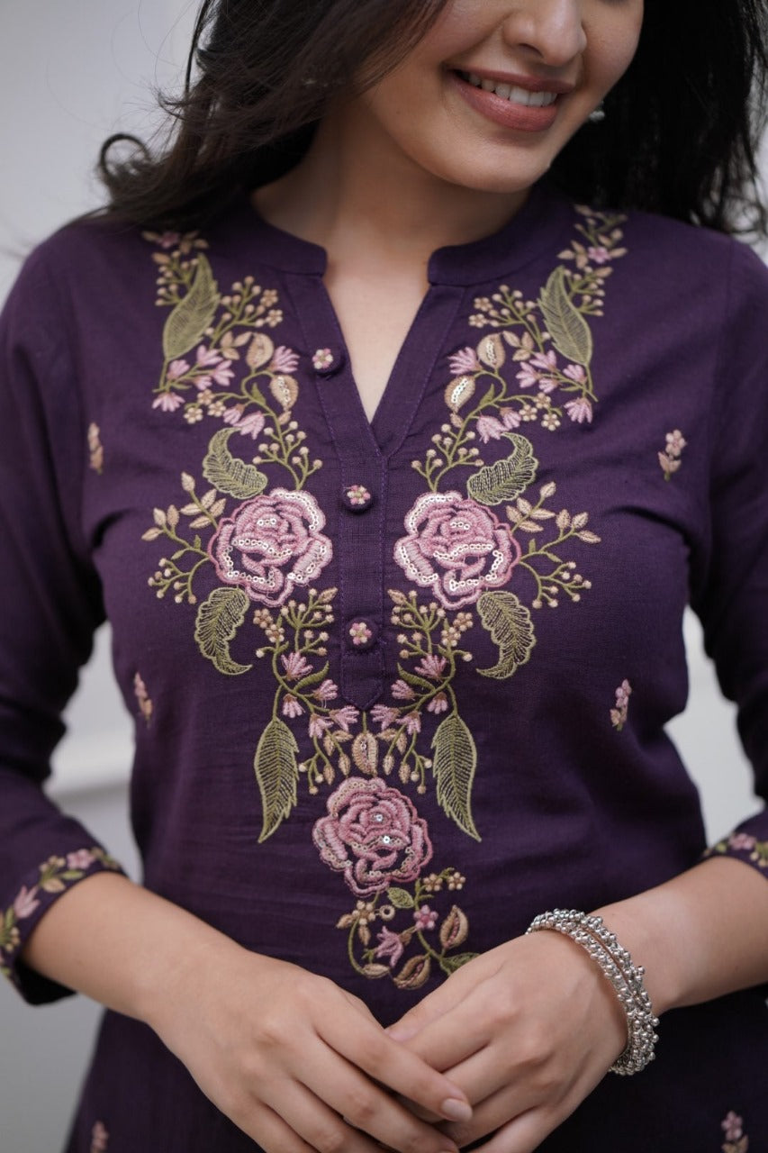 Women's Royal Purple Cotton Kurta Set With Floral Embroidery