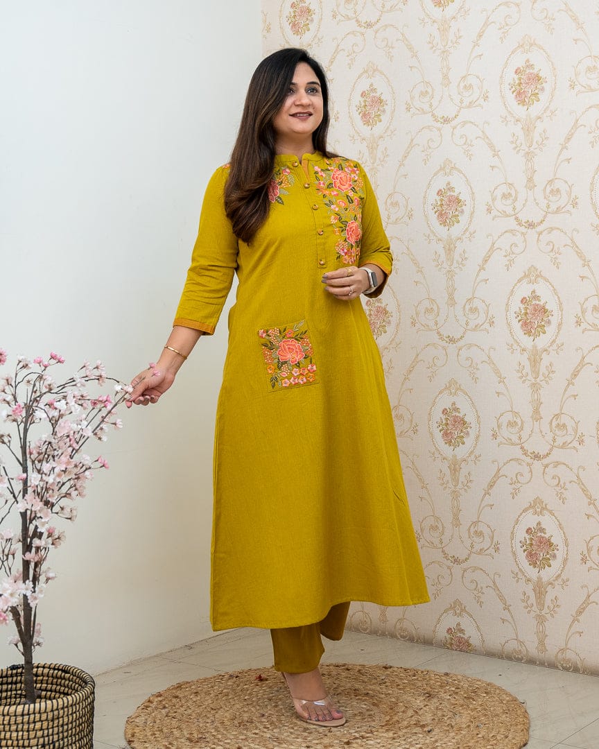 Women's Mustard Yellow Embroidered Cotton Kurta And Pant Set