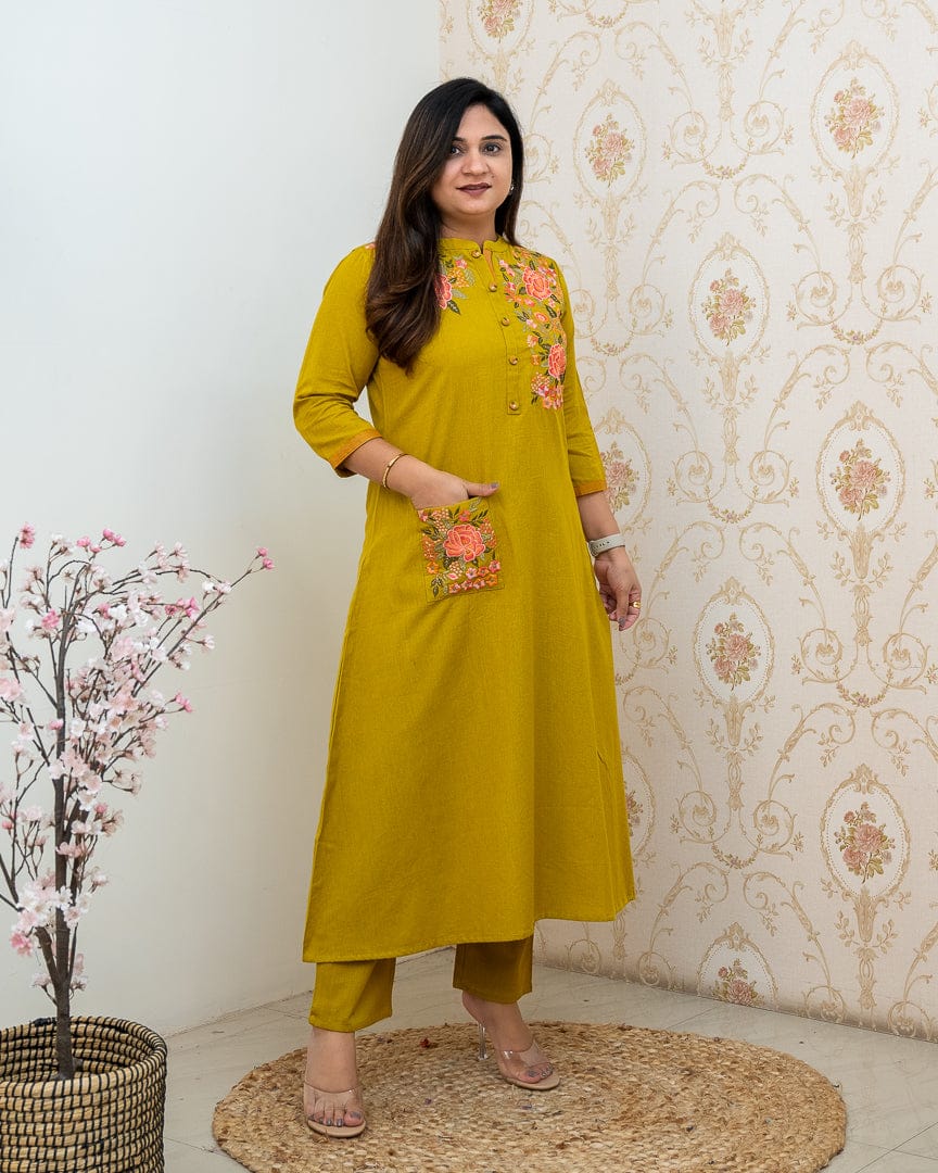 Women's Mustard Yellow Embroidered Cotton Kurta And Pant Set