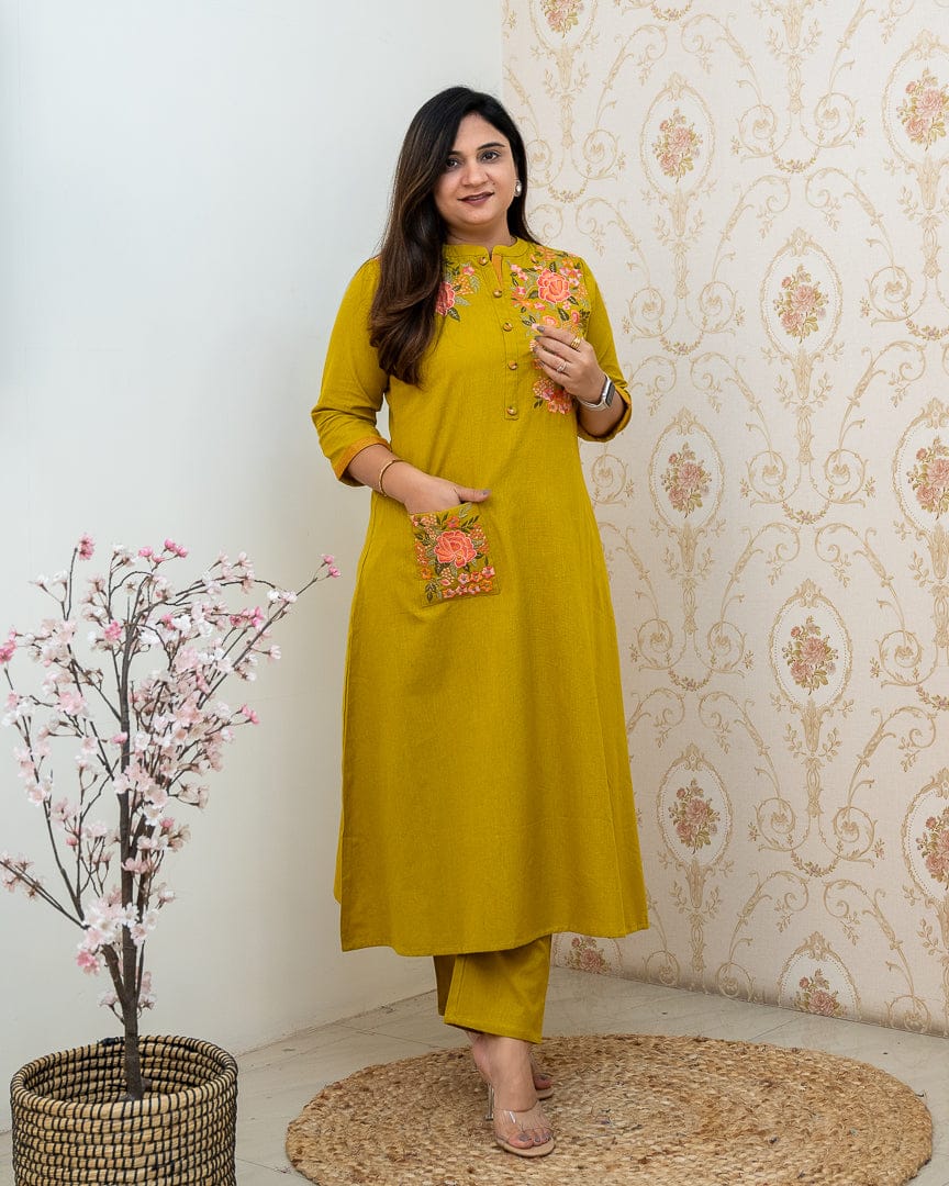 Women's Mustard Yellow Embroidered Cotton Kurta And Pant Set