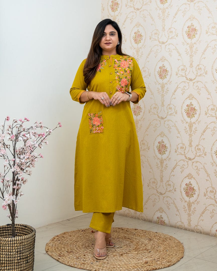 Women's Mustard Yellow Embroidered Cotton Kurta And Pant Set