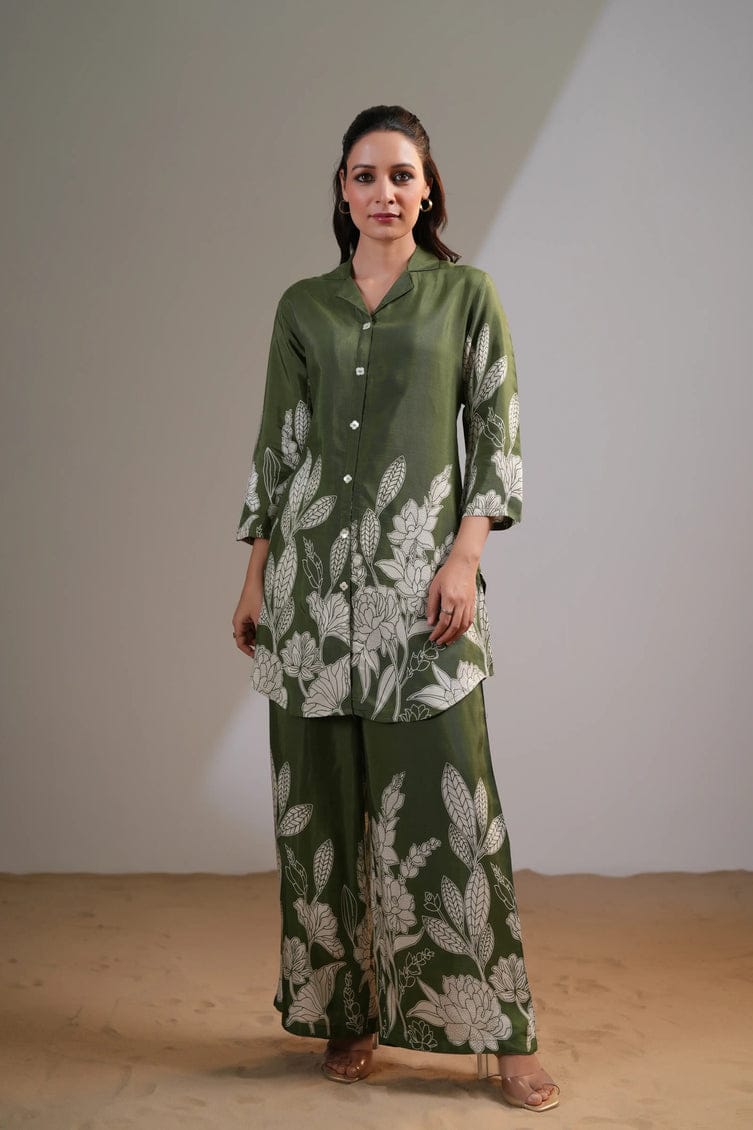 Women's Olive Green Floral Printed Co-Ord Set