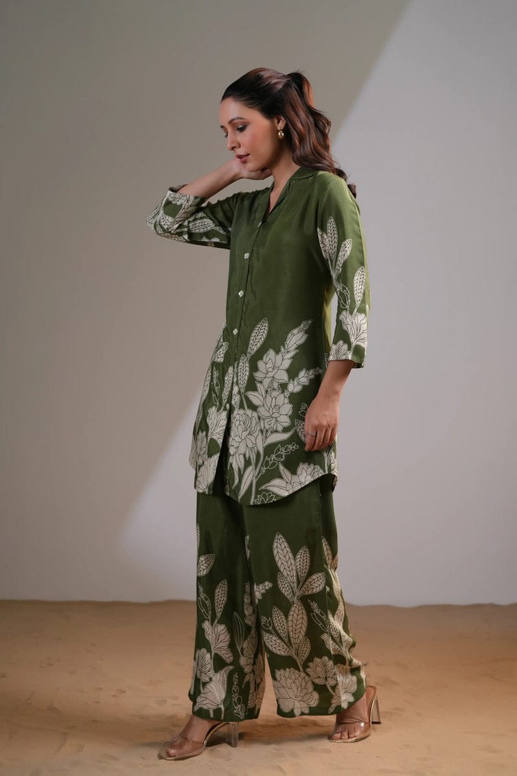 Women's Olive Green Floral Printed Co-Ord Set