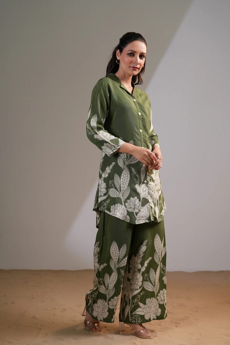 Women's Olive Green Floral Printed Co-Ord Set