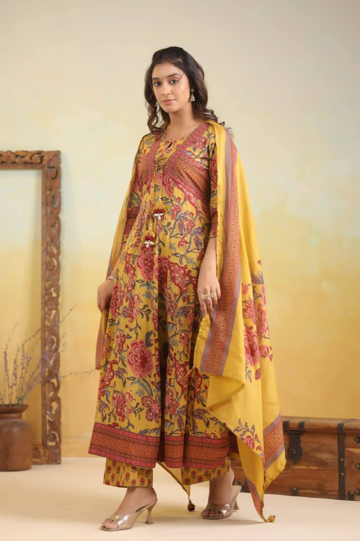 Women's Mustard Maroon Floral Anarkali Kurta Set With Dupatta