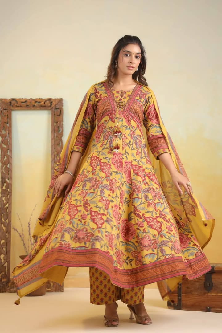 Women's Mustard Maroon Floral Anarkali Kurta Set With Dupatta