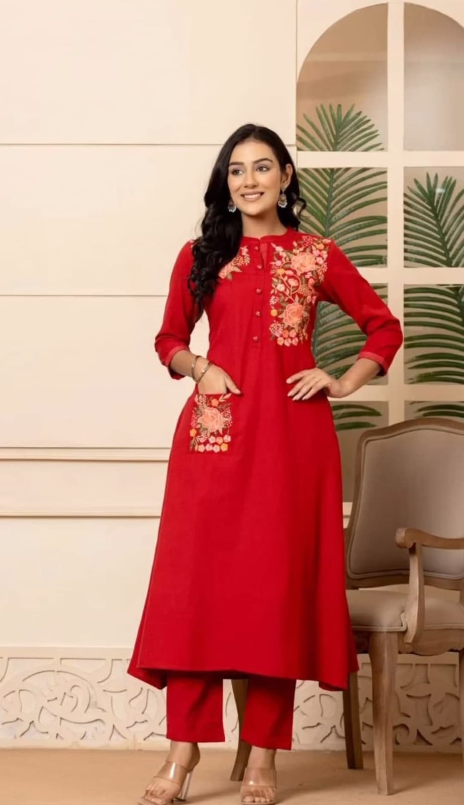 Women's Red Embroidered Cotton Kurta And Pant Set