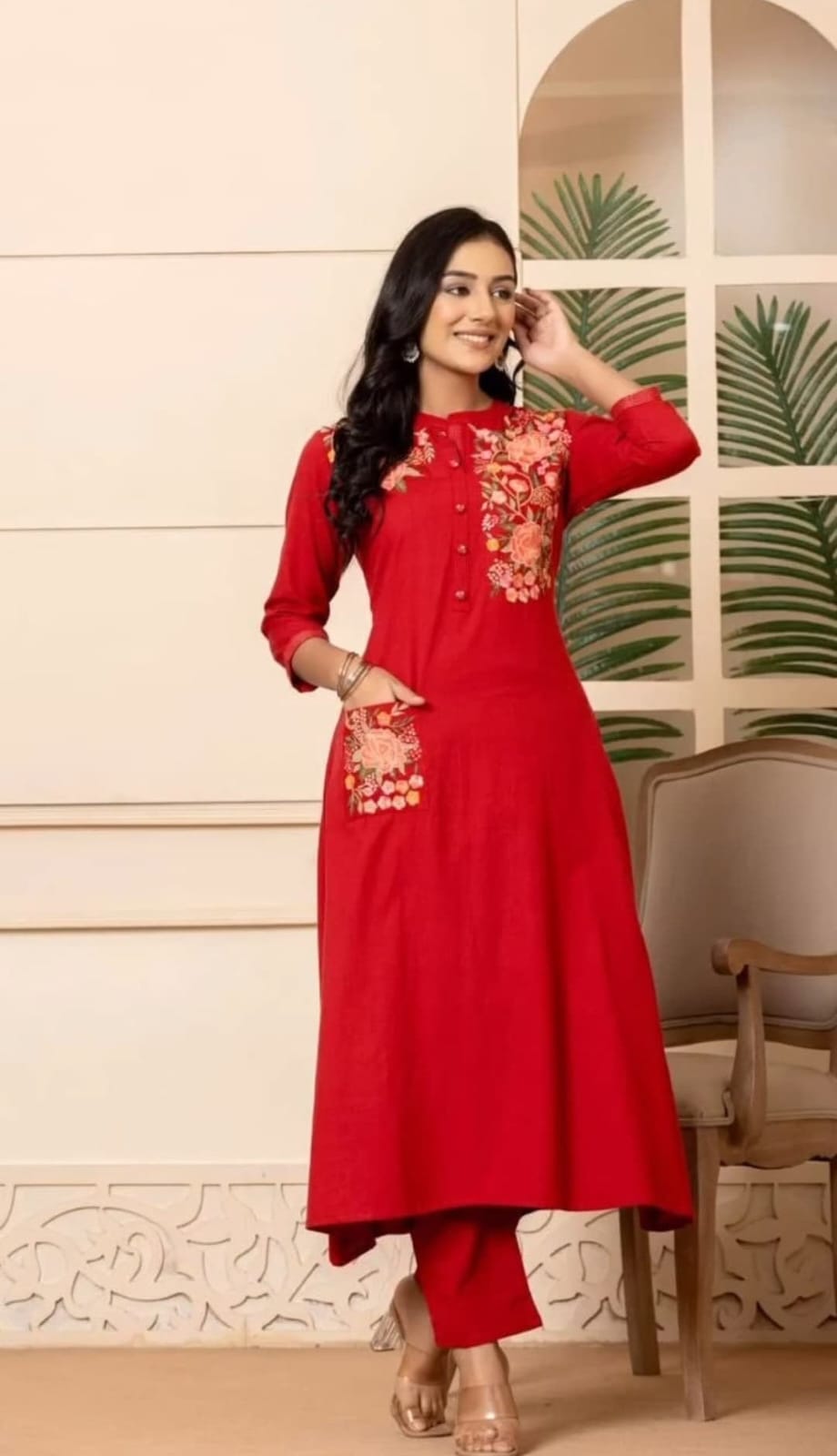 Women's Red Embroidered Cotton Kurta And Pant Set