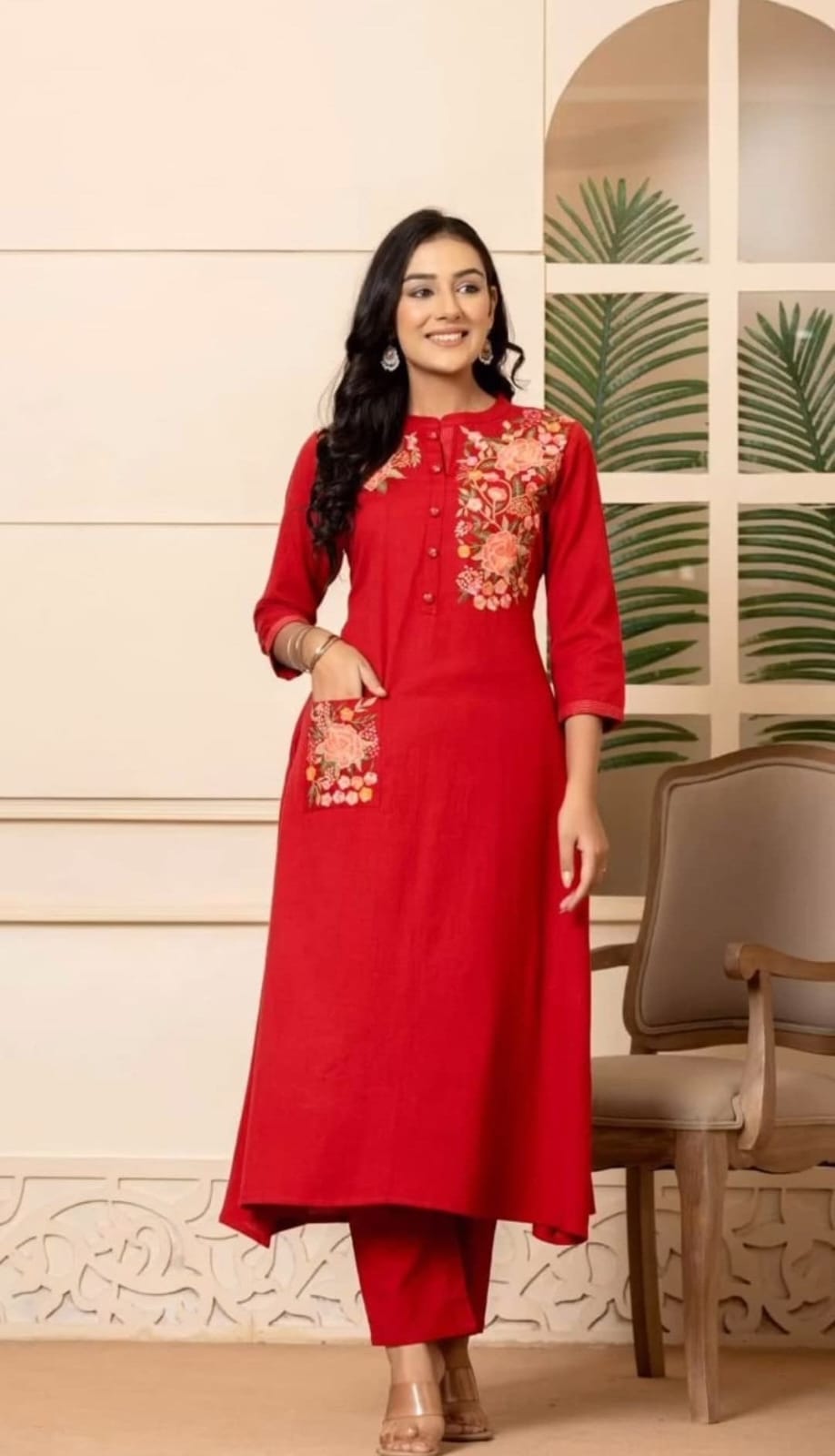 Women's Red Embroidered Cotton Kurta And Pant Set