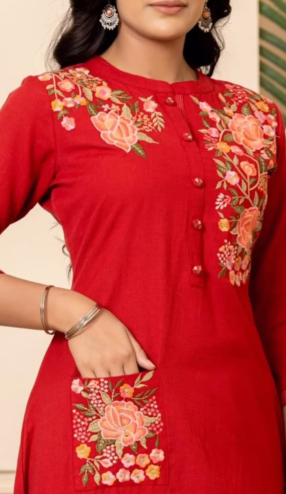 Women's Red Embroidered Cotton Kurta And Pant Set