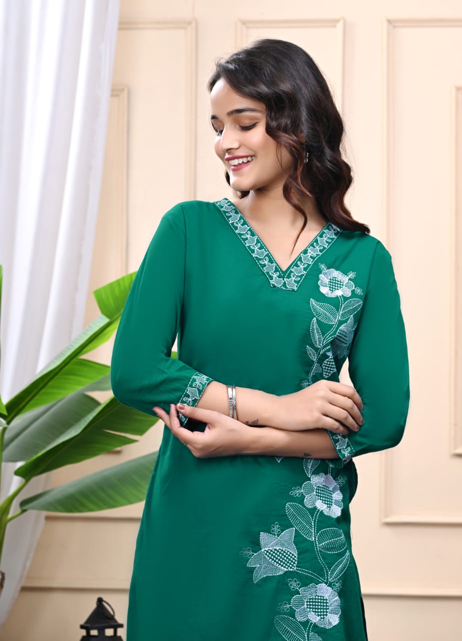 Women's Green Cotton Kurta Set With Floral Detailing Embroidered