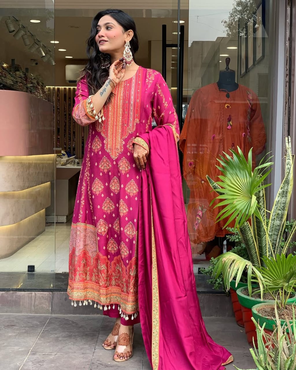 Women's Magenta Printed Anarkali Set With Schiffli Work  & Tassel Detailing
