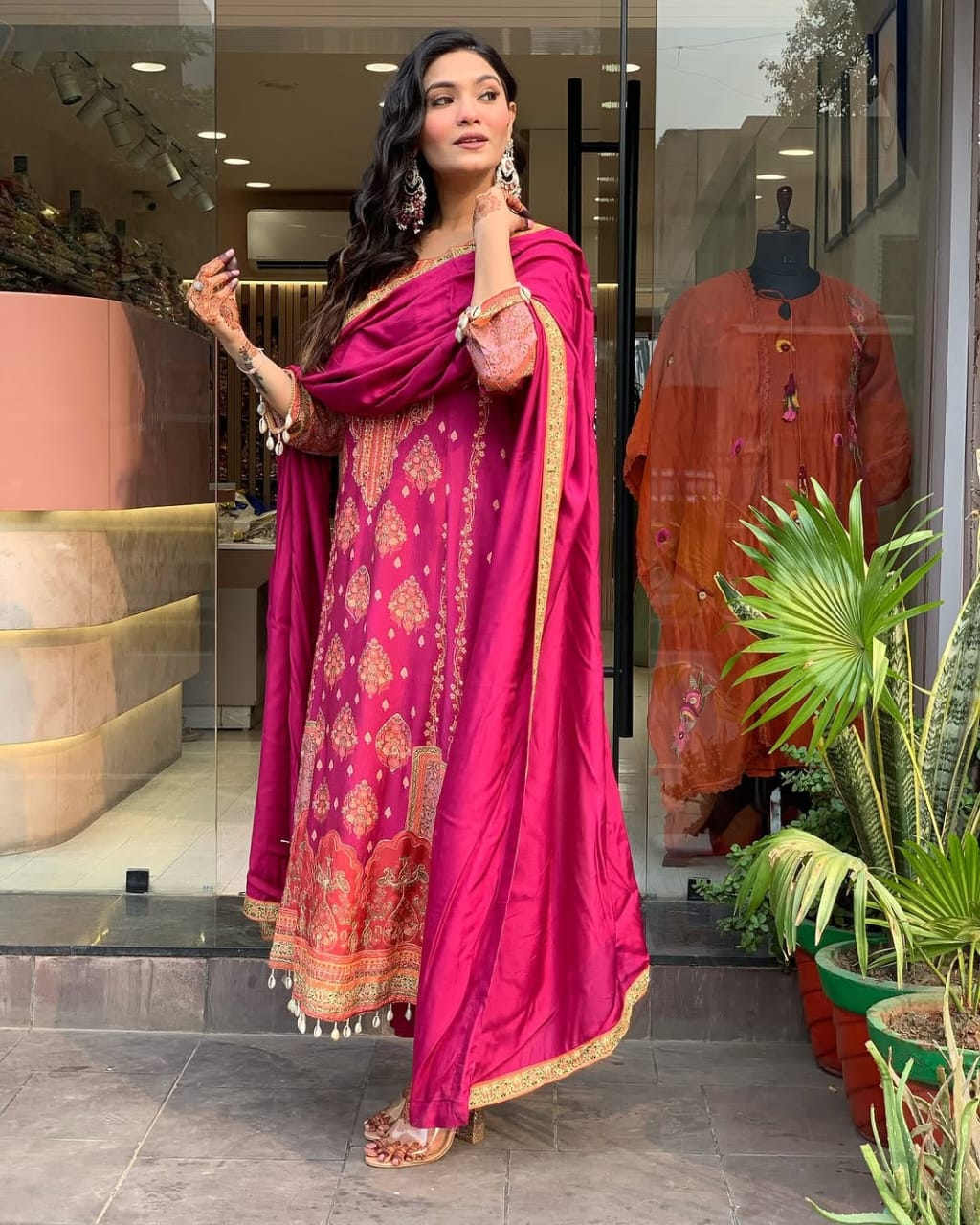 Women's Magenta Printed Anarkali Set With Schiffli Work  & Tassel Detailing
