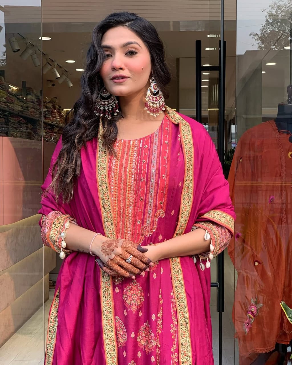 Women's Magenta Printed Anarkali Set With Schiffli Work  & Tassel Detailing